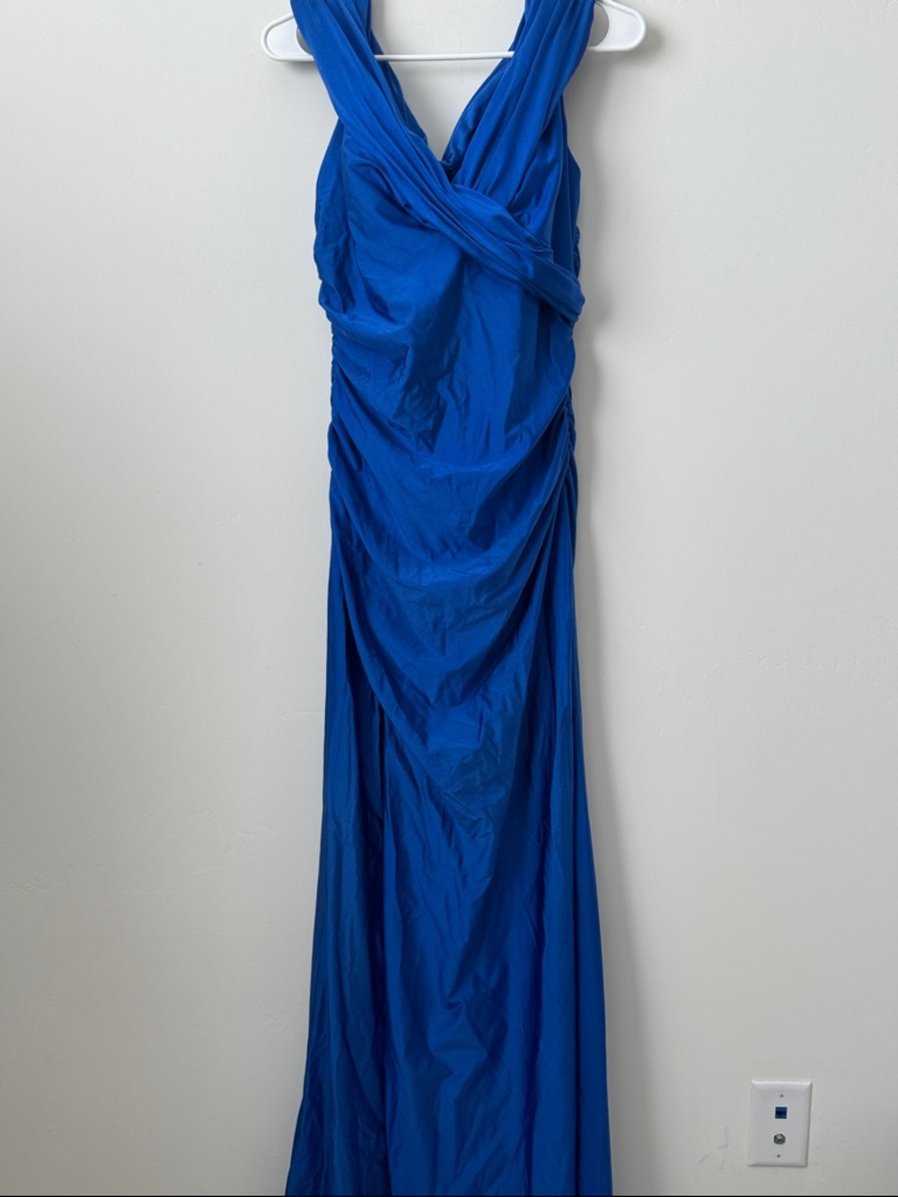 La Femme Cobalt Blue Sleeveless Cross Bodice Front Slit Evening Dress Size: 14